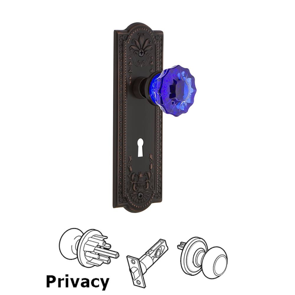 Nostalgic Warehouse - Privacy - Meadows Plate with Keyhole Crystal Cobalt Glass Door Knob in Timeless Bronze