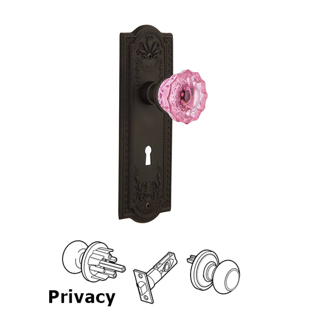 Nostalgic Warehouse - Privacy - Meadows Plate with Keyhole Crystal Pink Glass Door Knob in Oil-Rubbed Bronze