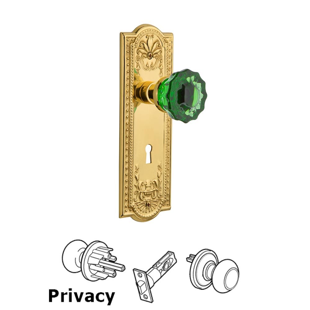 Nostalgic Warehouse - Privacy - Meadows Plate with Keyhole Crystal Emerald Glass Door Knob in Polished Brass