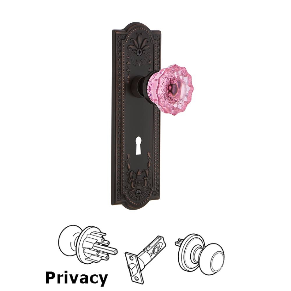 Nostalgic Warehouse - Privacy - Meadows Plate with Keyhole Crystal Pink Glass Door Knob in Timeless Bronze
