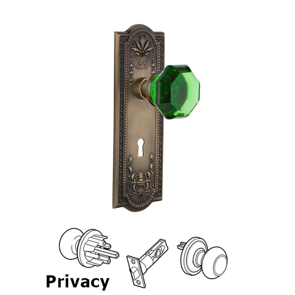 Nostalgic Warehouse - Privacy - Meadows Plate with Keyhole Waldorf Emerald Door Knob in Antique Brass