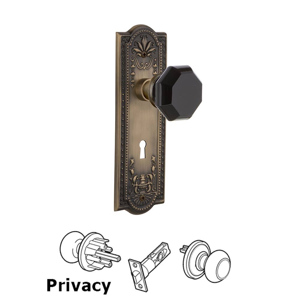 Nostalgic Warehouse - Privacy - Meadows Plate with Keyhole Waldorf Black Door Knob in Antique Brass