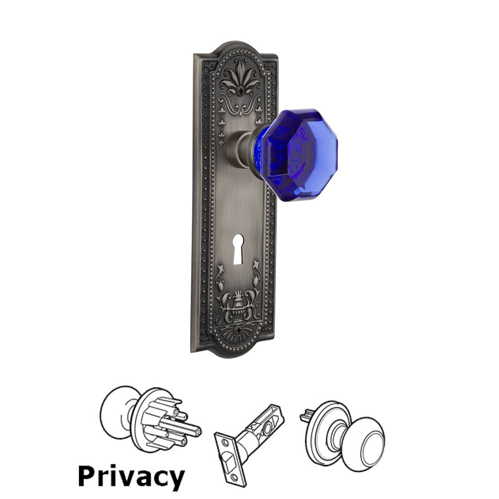 Nostalgic Warehouse - Privacy - Meadows Plate with Keyhole Waldorf Cobalt Door Knob in Antique Pewter