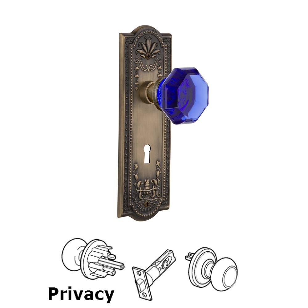 Nostalgic Warehouse - Privacy - Meadows Plate with Keyhole Waldorf Cobalt Door Knob in Antique Brass