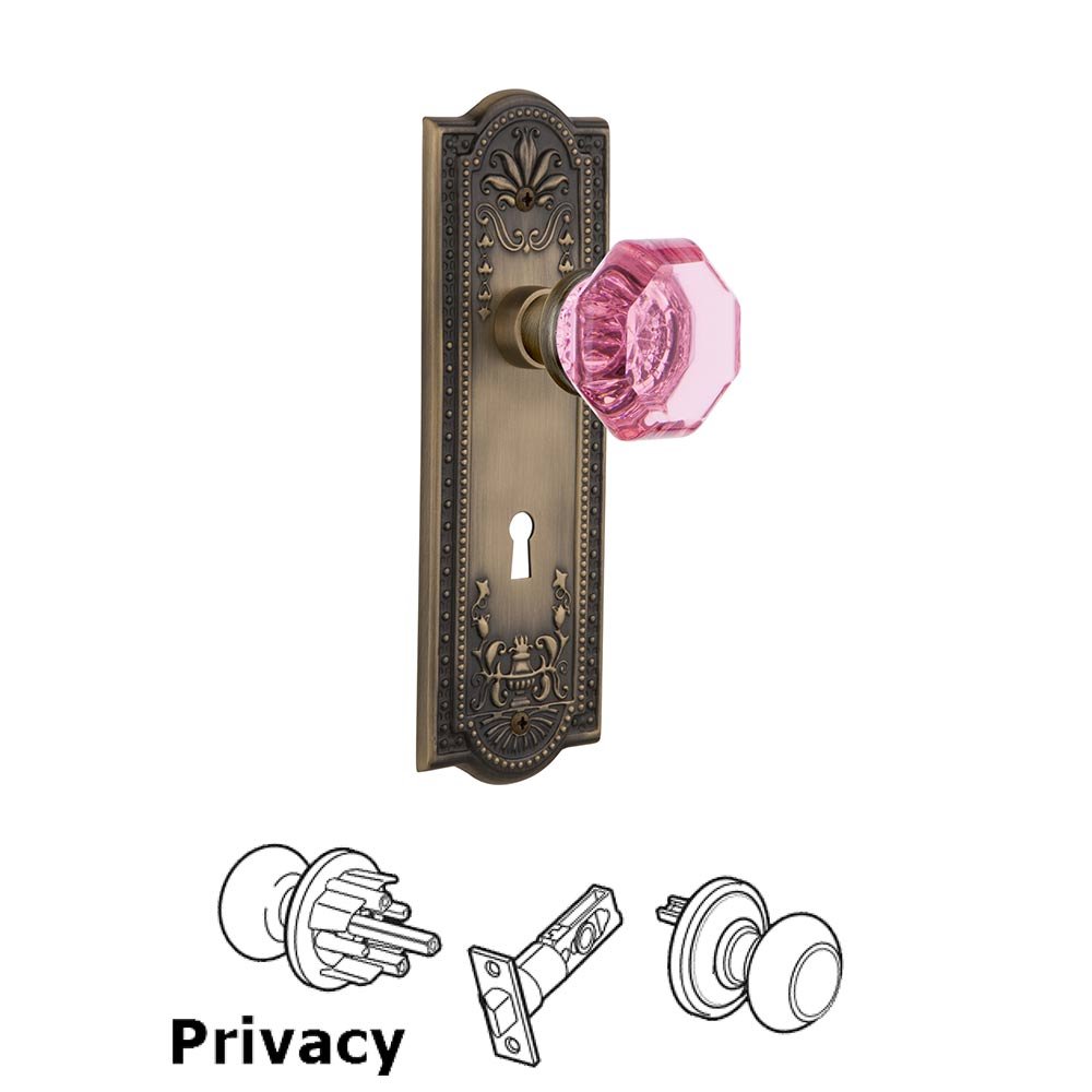 Nostalgic Warehouse - Privacy - Meadows Plate with Keyhole Waldorf Pink Door Knob in Antique Brass