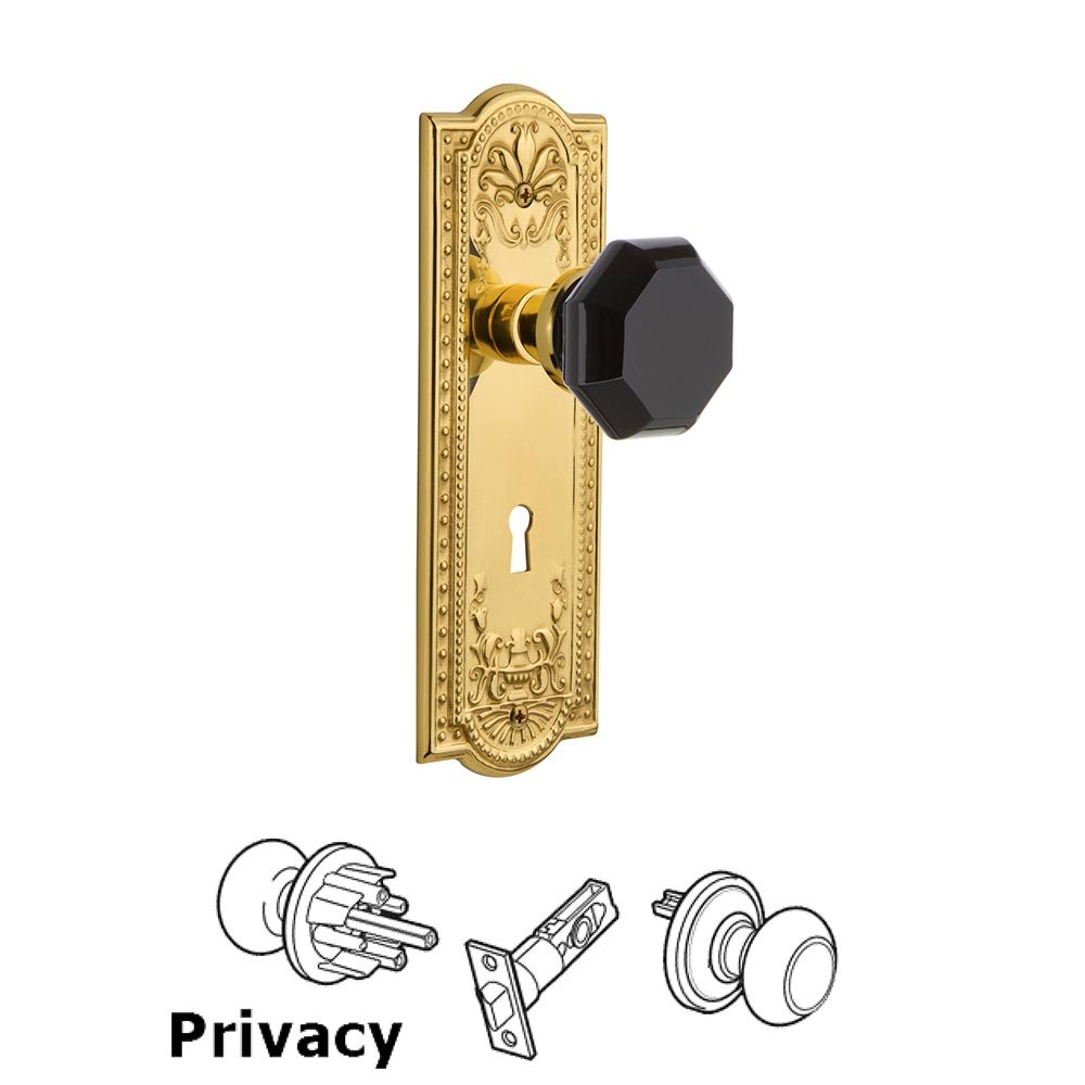 Nostalgic Warehouse - Privacy - Meadows Plate with Keyhole Waldorf Black Door Knob in Polished Brass