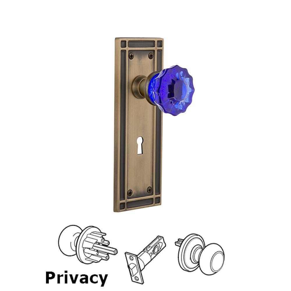Nostalgic Warehouse - Privacy - Mission Plate with Keyhole Crystal Cobalt Glass Door Knob in Antique Brass