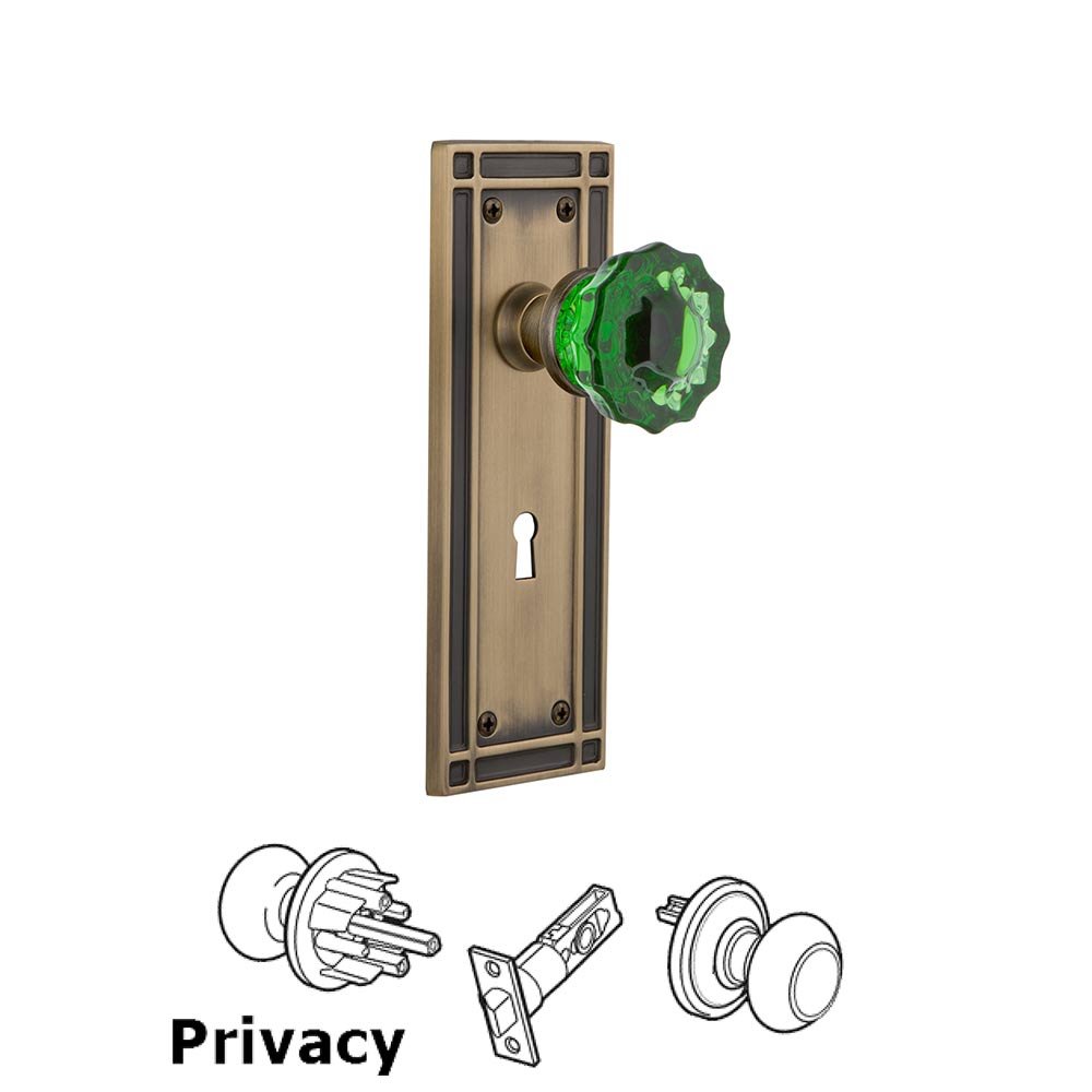 Nostalgic Warehouse - Privacy - Mission Plate with Keyhole Crystal Emerald Glass Door Knob in Antique Brass