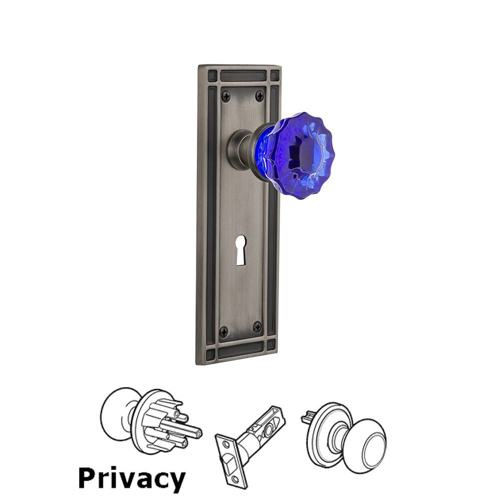 Nostalgic Warehouse - Privacy - Mission Plate with Keyhole Crystal Cobalt Glass Door Knob in Antique Pewter