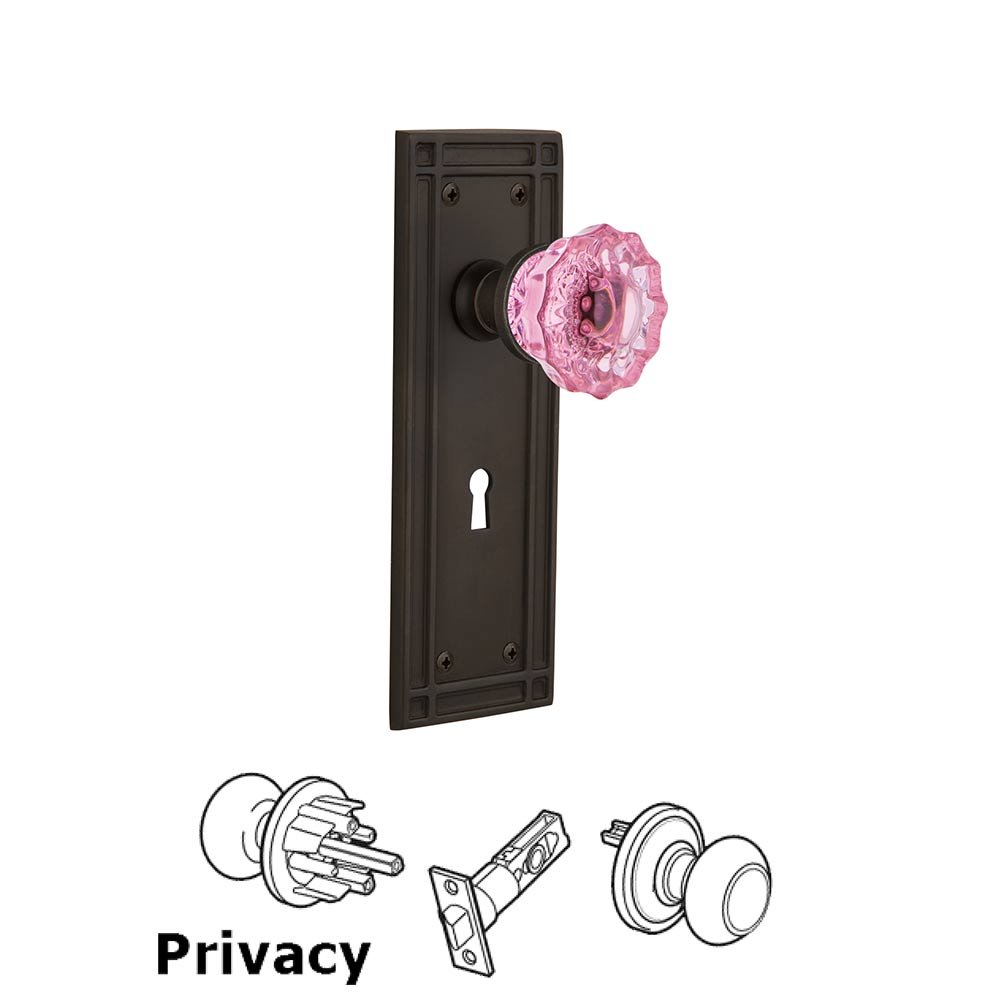 Nostalgic Warehouse - Privacy - Mission Plate with Keyhole Crystal Pink Glass Door Knob in Oil-Rubbed Bronze