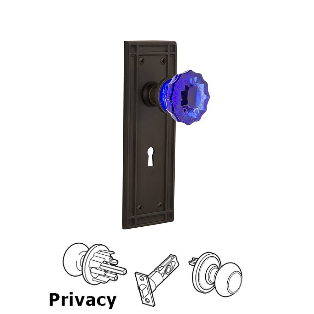 Nostalgic Warehouse - Privacy - Mission Plate with Keyhole Crystal Cobalt Glass Door Knob in Oil-Rubbed Bronze