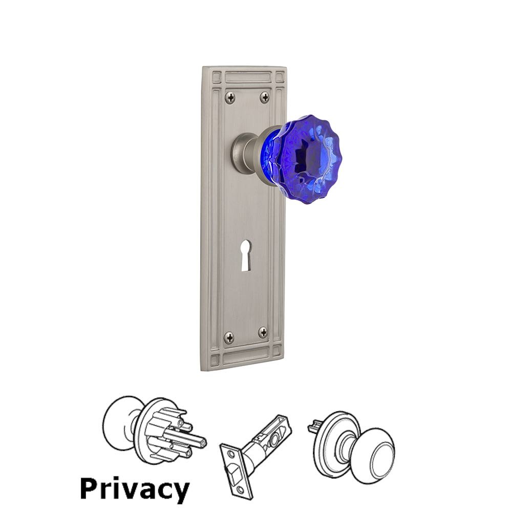 Nostalgic Warehouse - Privacy - Mission Plate with Keyhole Crystal Cobalt Glass Door Knob in Satin Nickel