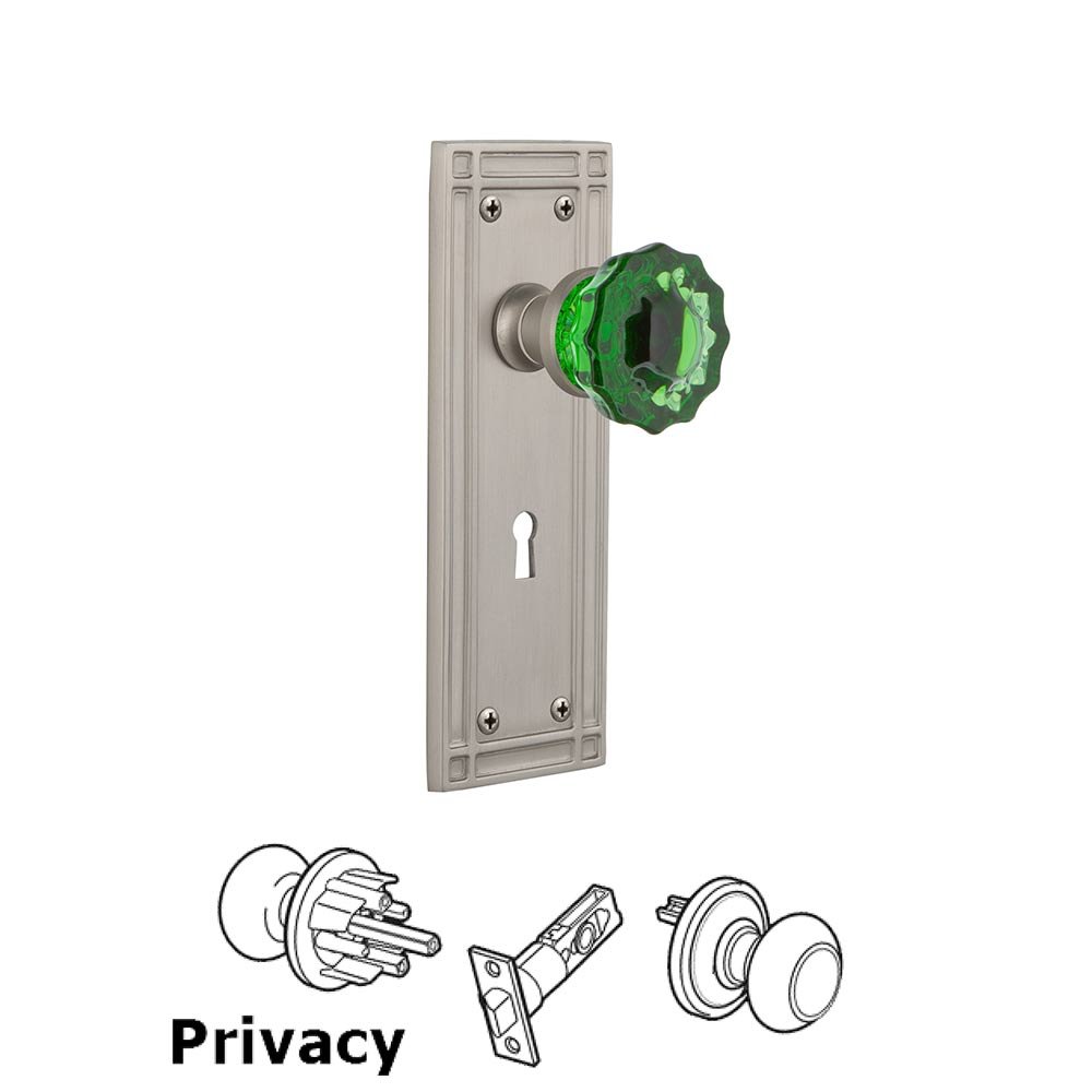 Nostalgic Warehouse - Privacy - Mission Plate with Keyhole Crystal Emerald Glass Door Knob in Satin Nickel