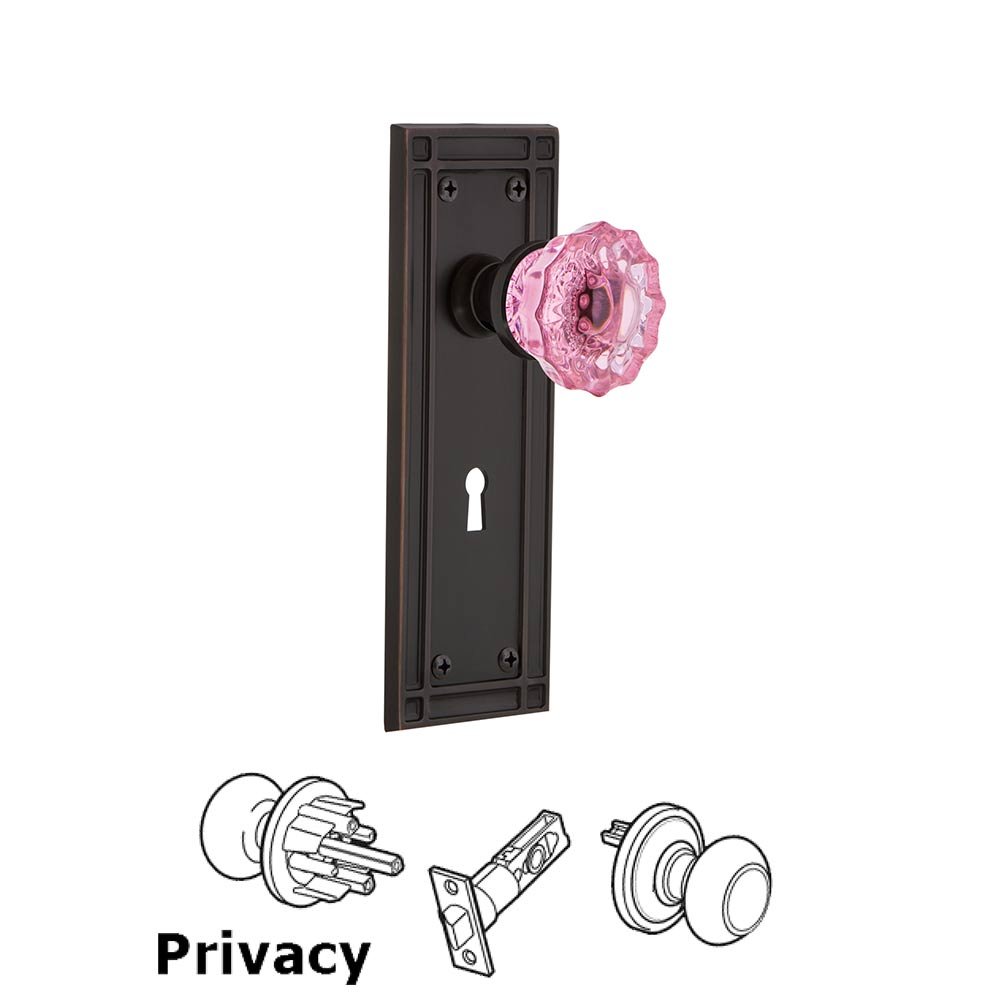 Nostalgic Warehouse - Privacy - Mission Plate with Keyhole Crystal Pink Glass Door Knob in Timeless Bronze