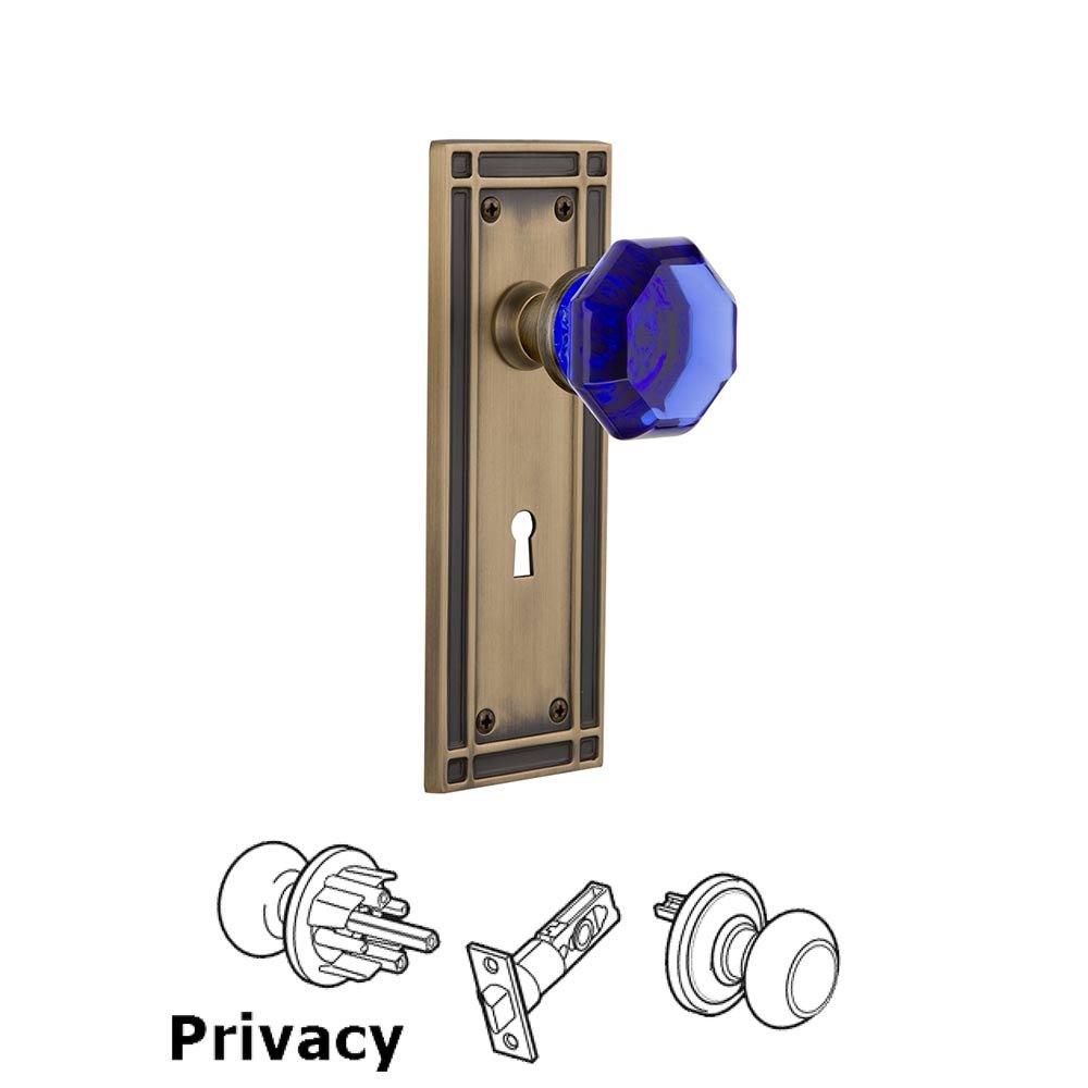 Nostalgic Warehouse - Privacy - Mission Plate with Keyhole Waldorf Cobalt Door Knob in Antique Brass