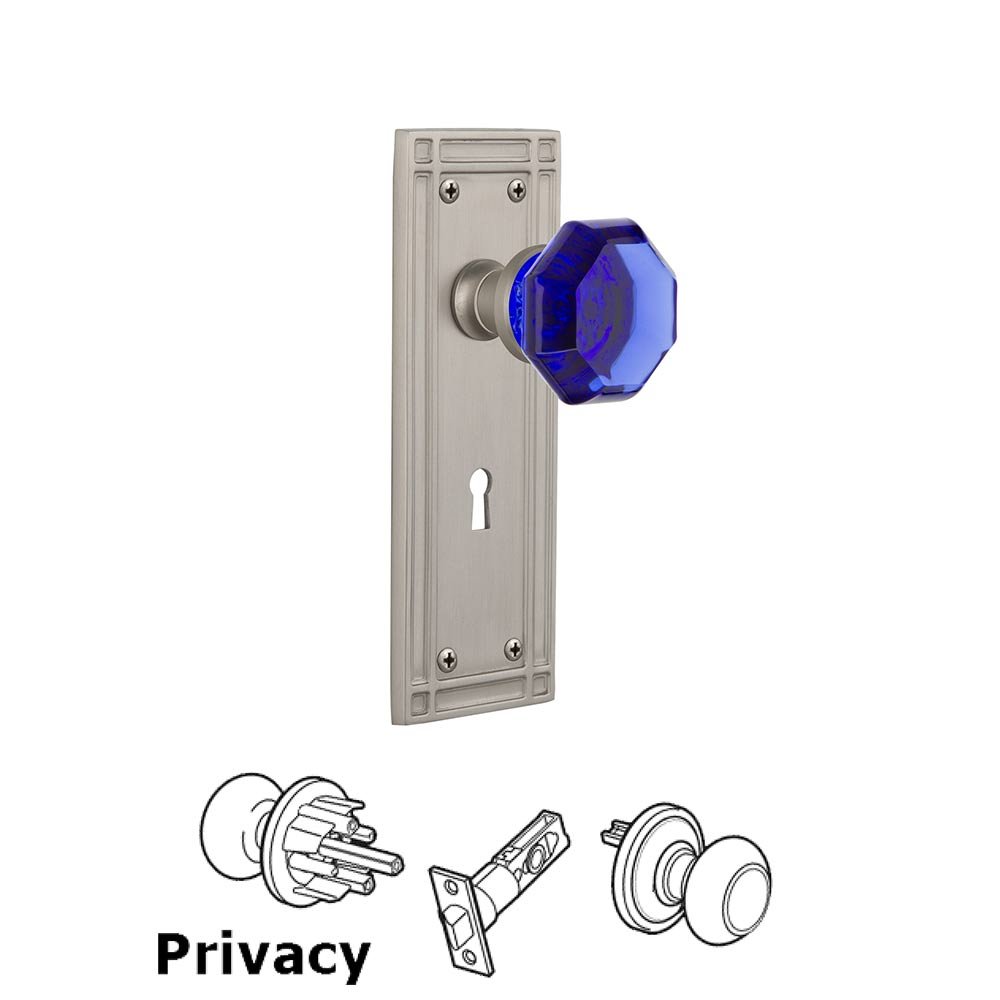 Nostalgic Warehouse - Privacy - Mission Plate with Keyhole Waldorf Cobalt Door Knob in Satin Nickel