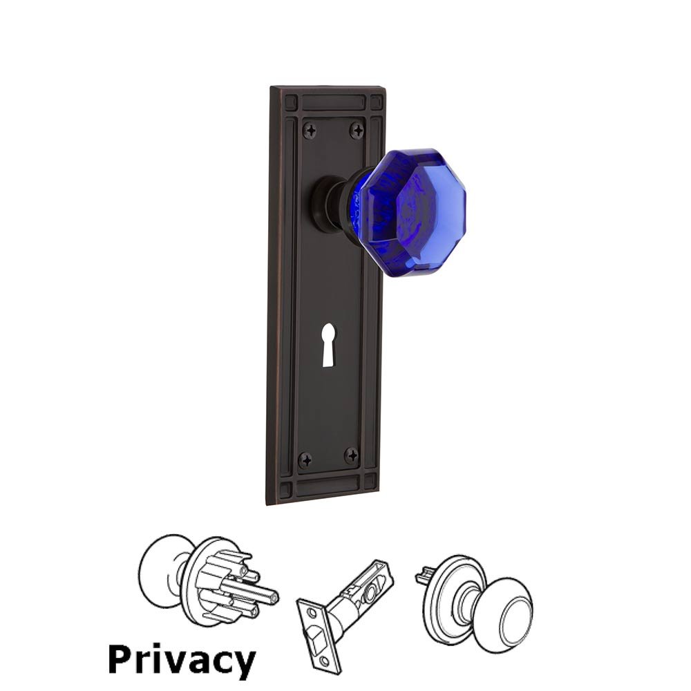 Nostalgic Warehouse - Privacy - Mission Plate with Keyhole Waldorf Cobalt Door Knob in Timeless Bronze