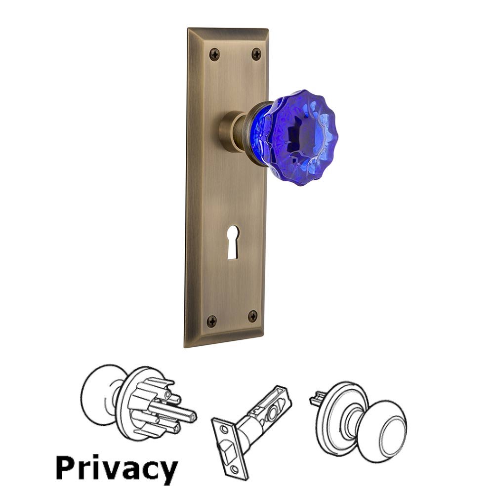 Nostalgic Warehouse - Privacy - New York Plate with Keyhole Crystal Cobalt Glass Door Knob in Antique Brass