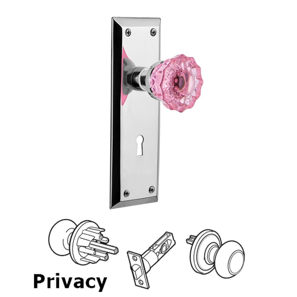 Nostalgic Warehouse - Privacy - New York Plate with Keyhole Crystal Pink Glass Door Knob in Bright Chrome