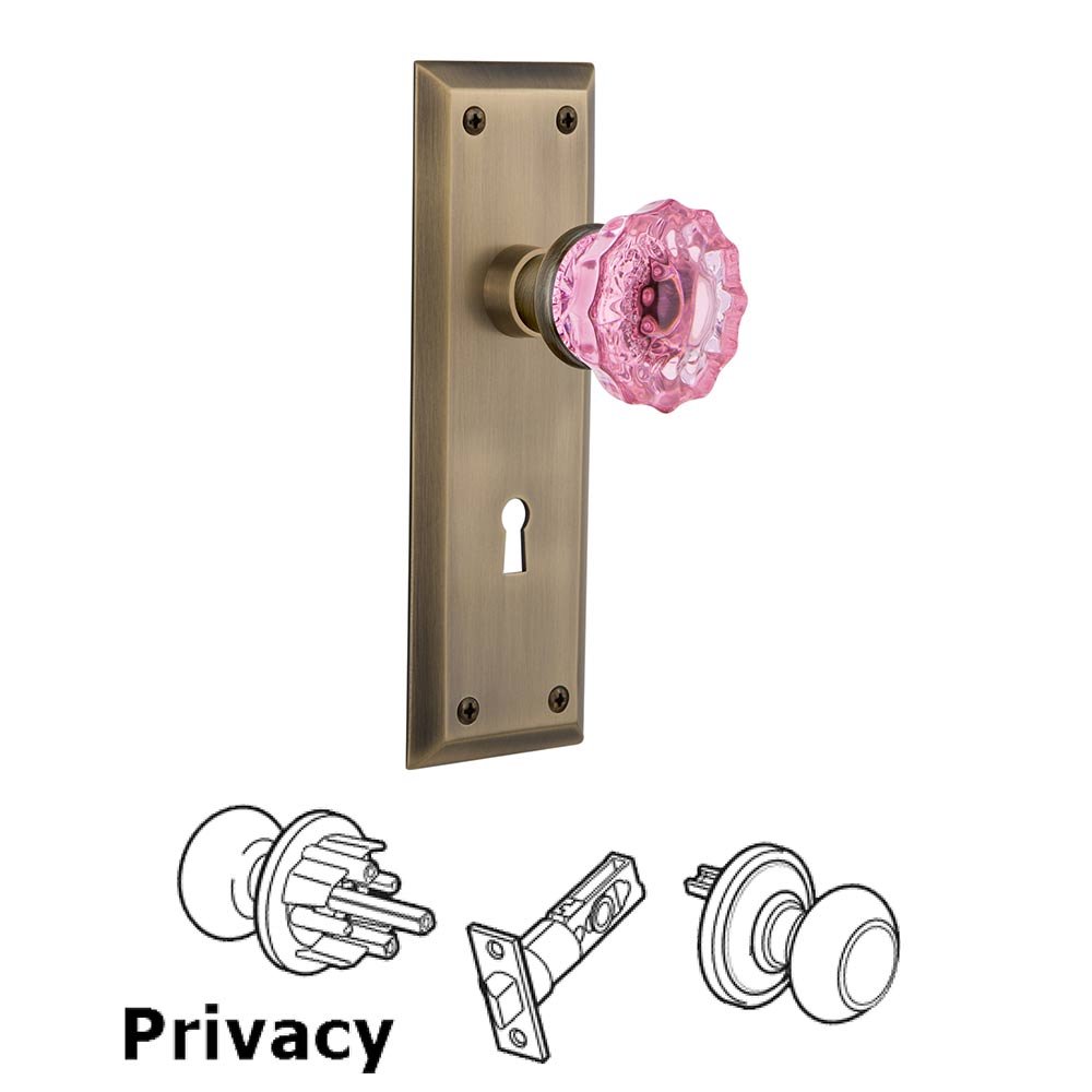 Nostalgic Warehouse - Privacy - New York Plate with Keyhole Crystal Pink Glass Door Knob in Antique Brass