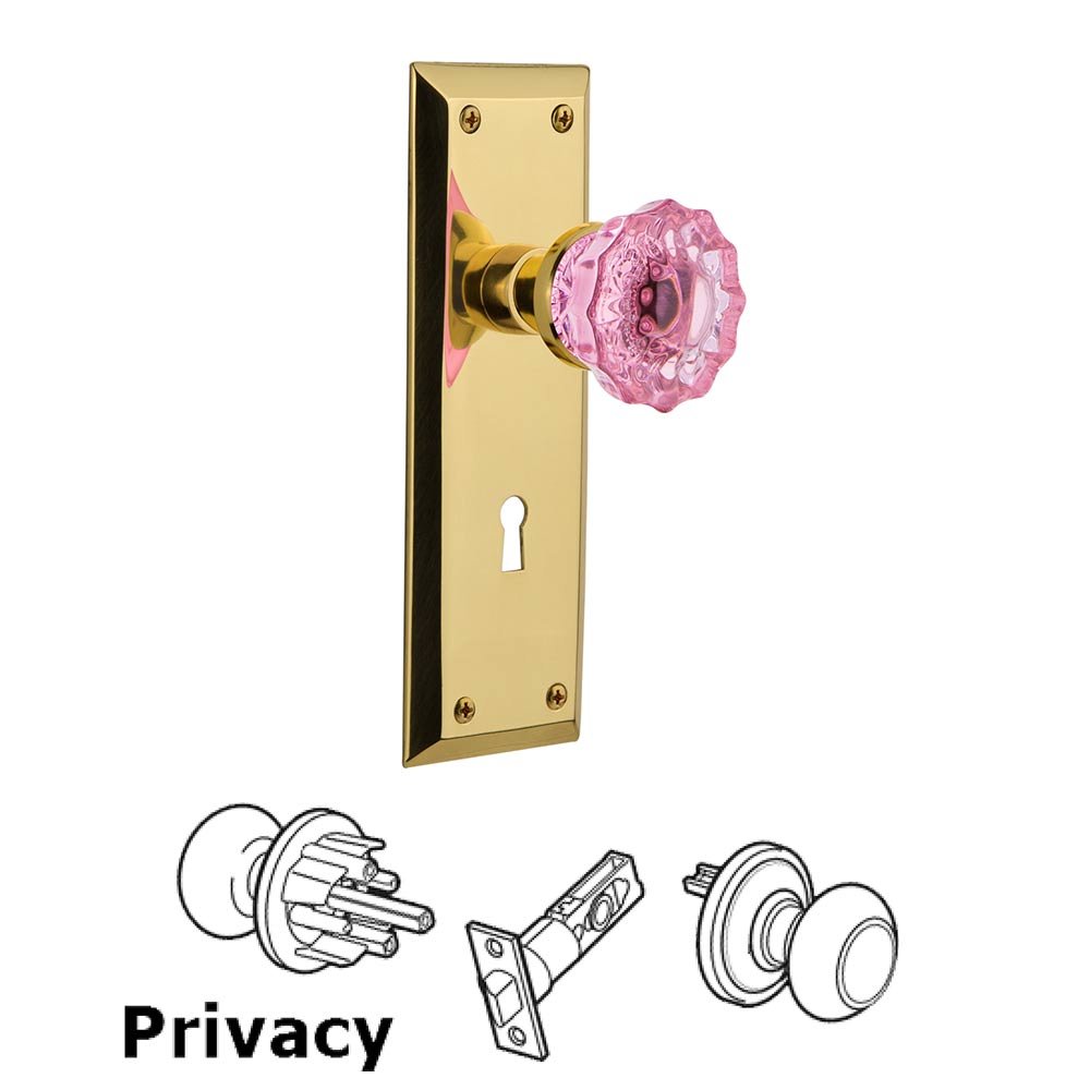 Nostalgic Warehouse - Privacy - New York Plate with Keyhole Crystal Pink Glass Door Knob in Polished Brass