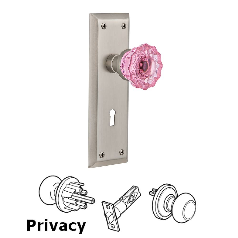 Nostalgic Warehouse - Privacy - New York Plate with Keyhole Crystal Pink Glass Door Knob in Satin Nickel