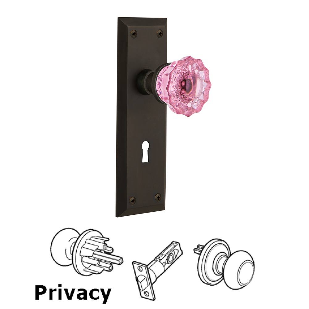 Nostalgic Warehouse - Privacy - New York Plate with Keyhole Crystal Pink Glass Door Knob in Oil-Rubbed Bronze