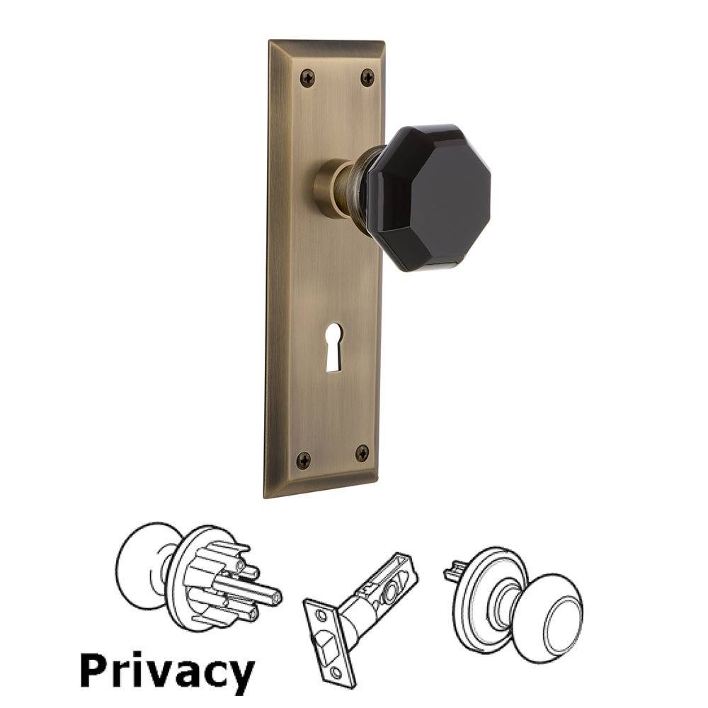 Nostalgic Warehouse - Privacy - New York Plate with Keyhole Waldorf Black Door Knob in Antique Brass