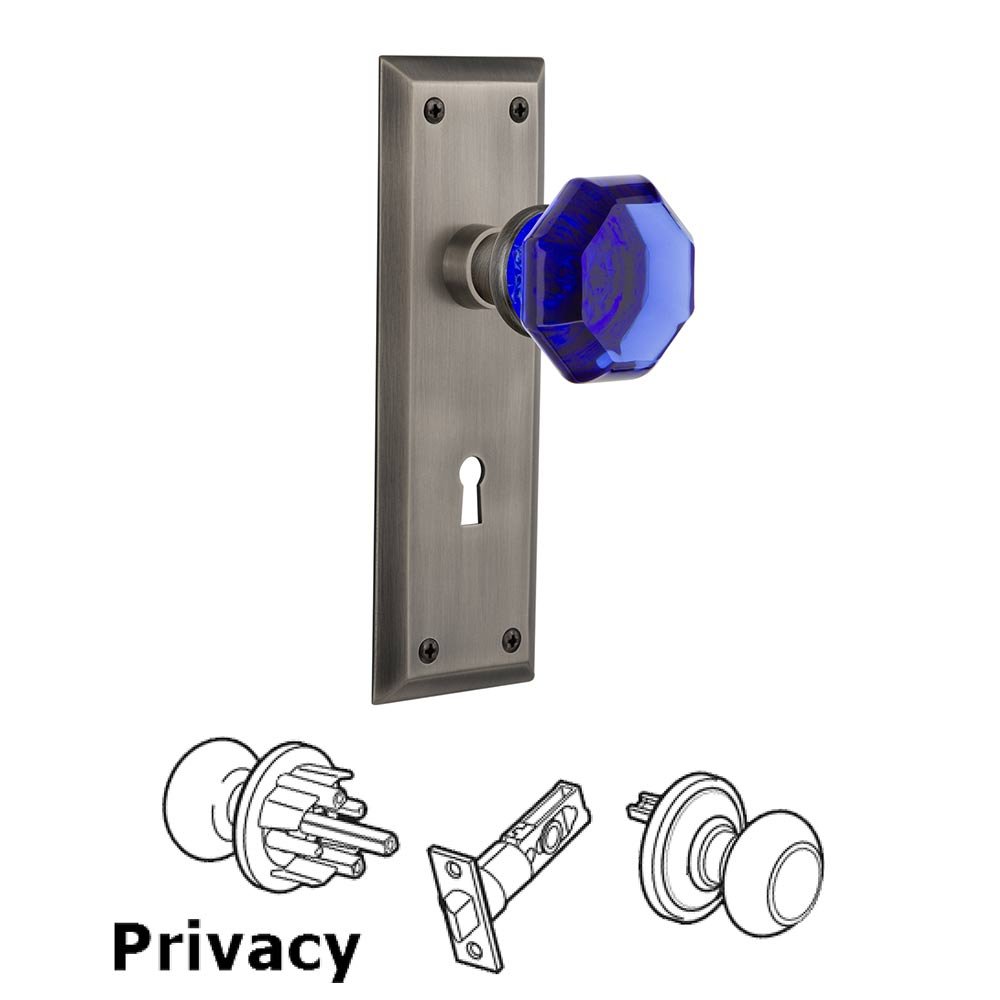 Nostalgic Warehouse - Privacy - New York Plate with Keyhole Waldorf Cobalt Door Knob in Antique Pewter