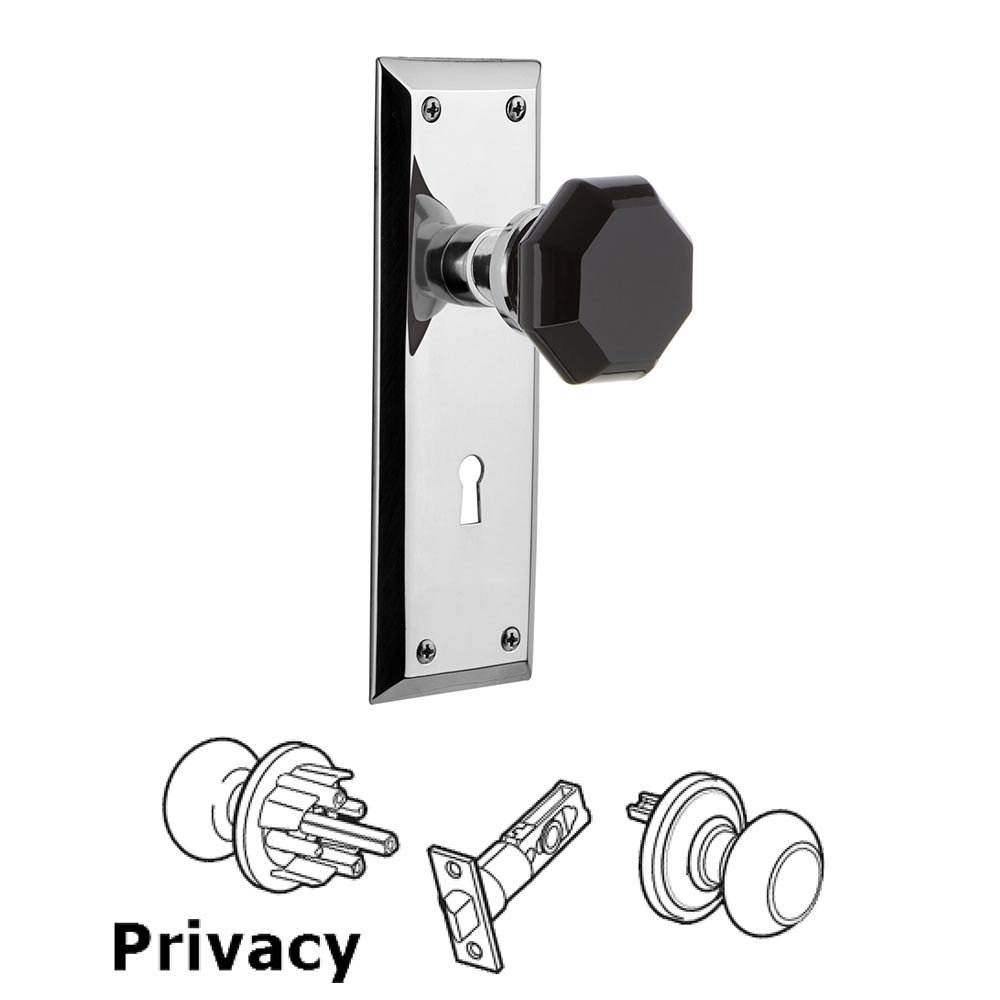 Nostalgic Warehouse - Privacy - New York Plate with Keyhole Waldorf Black Door Knob in Bright Chrome