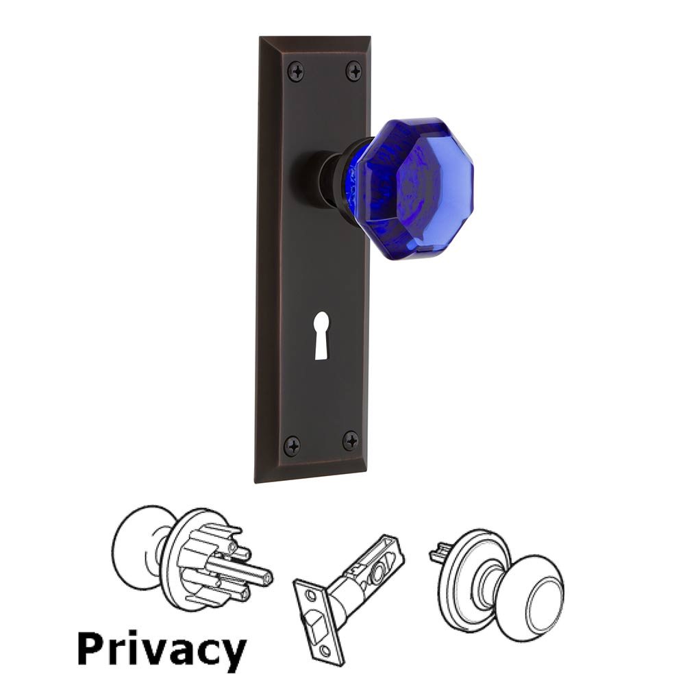 Nostalgic Warehouse - Privacy - New York Plate with Keyhole Waldorf Cobalt Door Knob in Timeless Bronze