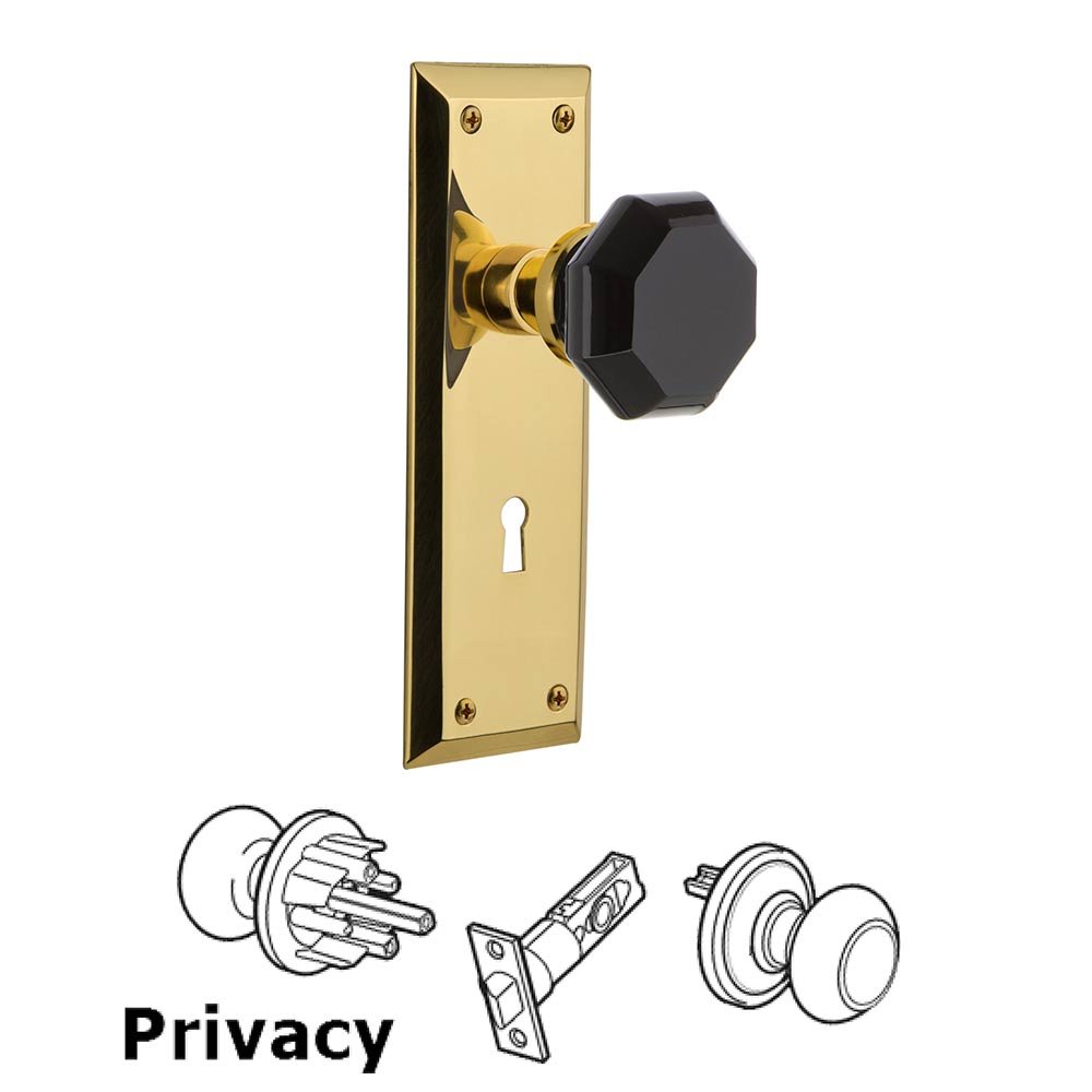 Nostalgic Warehouse - Privacy - New York Plate with Keyhole Waldorf Black Door Knob in Unlaquered Brass