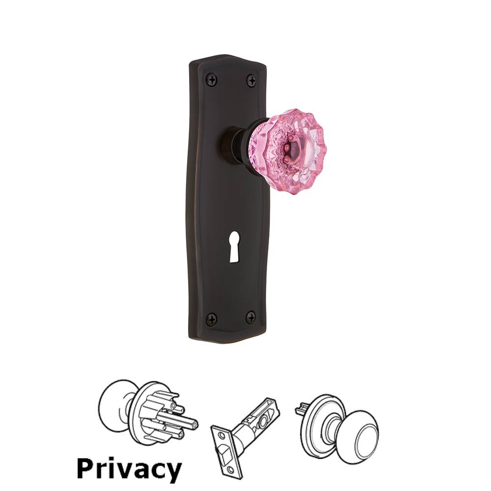 Nostalgic Warehouse - Privacy - Prairie Plate with Keyhole Crystal Pink Glass Door Knob in Timeless Bronze
