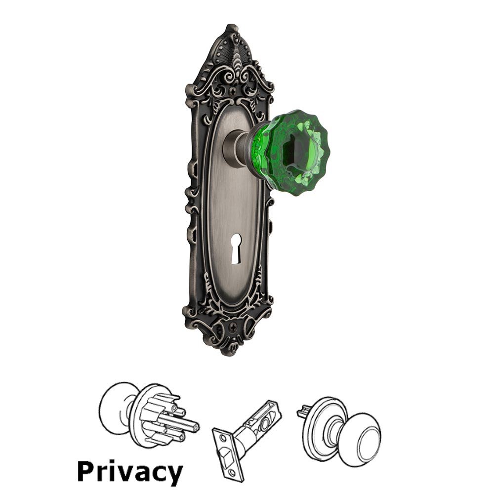 Nostalgic Warehouse - Privacy - Victorian Plate with Keyhole Crystal Emerald Glass Door Knob in Antique Pewter