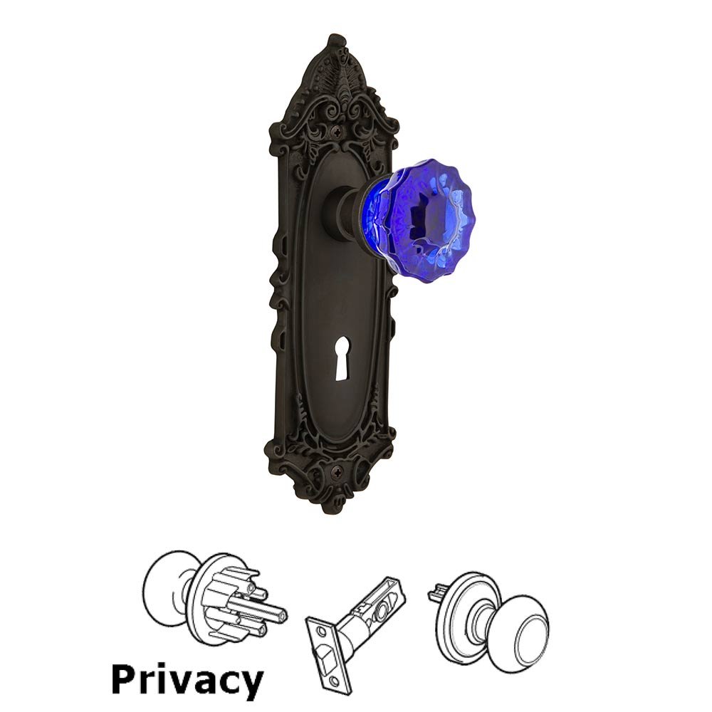 Nostalgic Warehouse - Privacy - Victorian Plate with Keyhole Crystal Cobalt Glass Door Knob in Oil-Rubbed Bronze