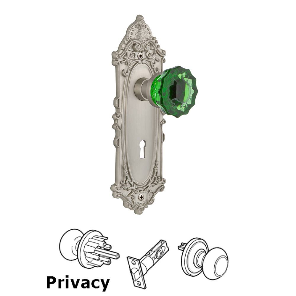 Nostalgic Warehouse - Privacy - Victorian Plate with Keyhole Crystal Emerald Glass Door Knob in Satin Nickel