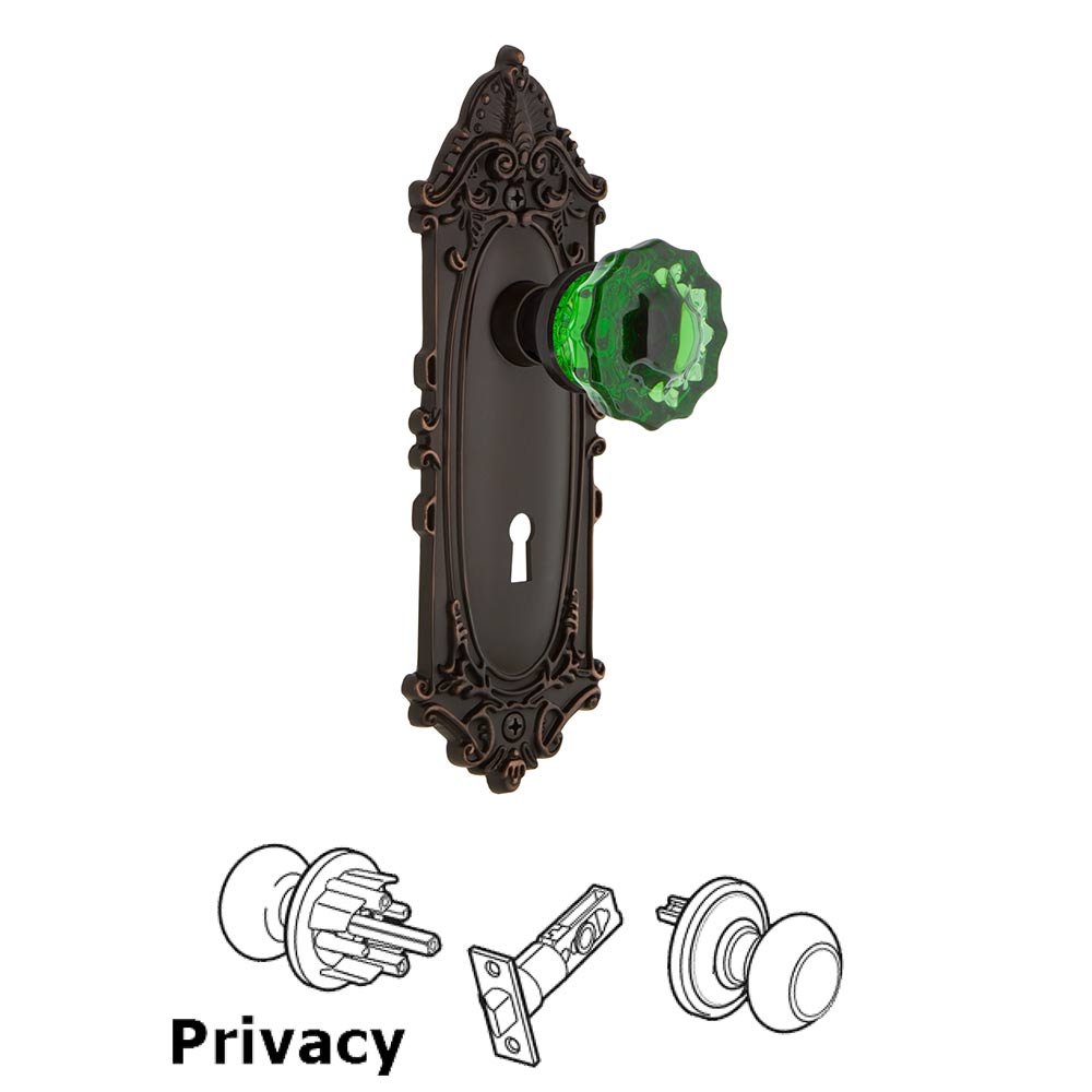 Nostalgic Warehouse - Privacy - Victorian Plate with Keyhole Crystal Emerald Glass Door Knob in Timeless Bronze