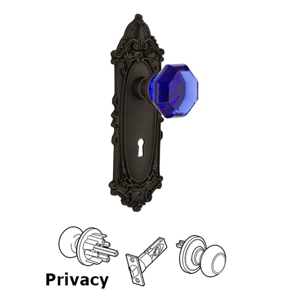 Nostalgic Warehouse - Privacy - Victorian Plate with Keyhole Waldorf Cobalt Door Knob in Oil-Rubbed Bronze