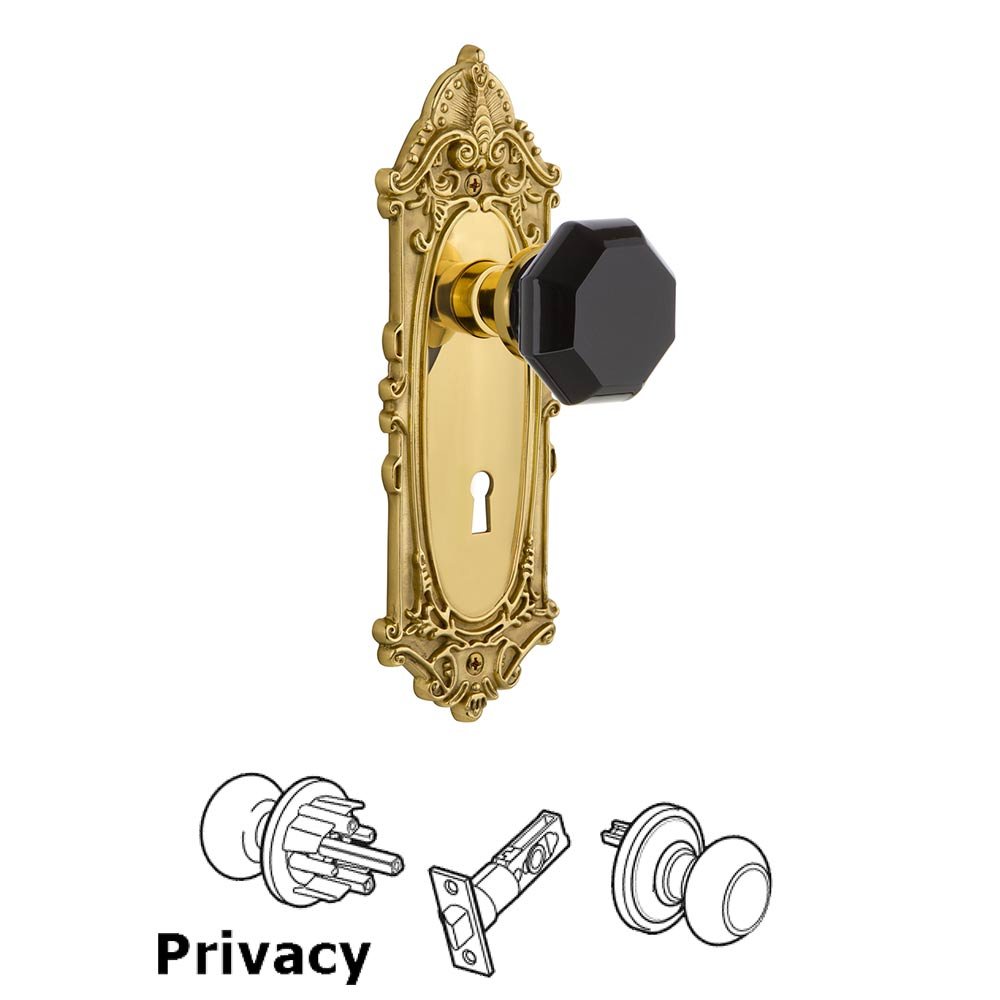 Nostalgic Warehouse - Privacy - Victorian Plate with Keyhole Waldorf Black Door Knob in Polished Brass