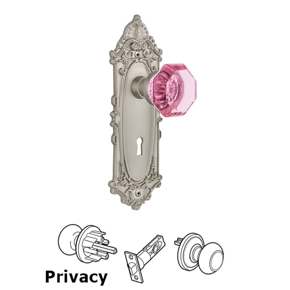 Nostalgic Warehouse - Privacy - Victorian Plate with Keyhole Waldorf Pink Door Knob in Satin Nickel