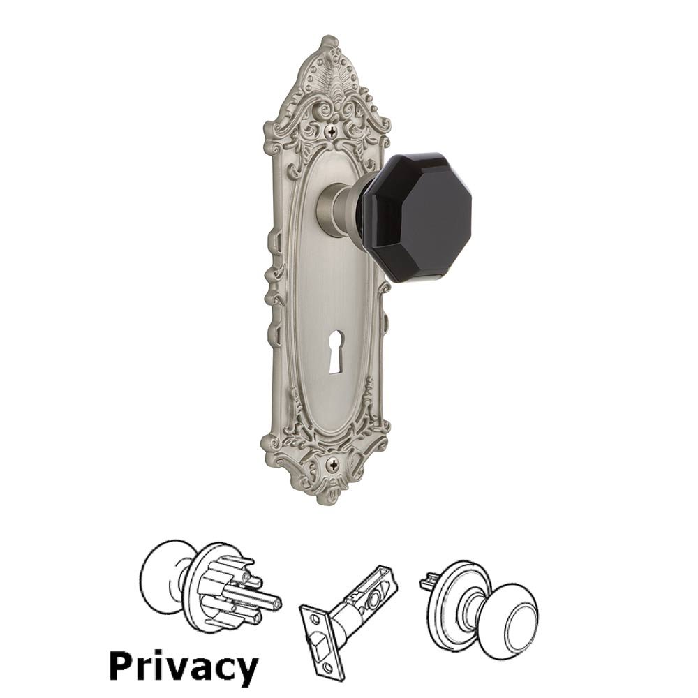 Nostalgic Warehouse - Privacy - Victorian Plate with Keyhole Waldorf Black Door Knob in Satin Nickel