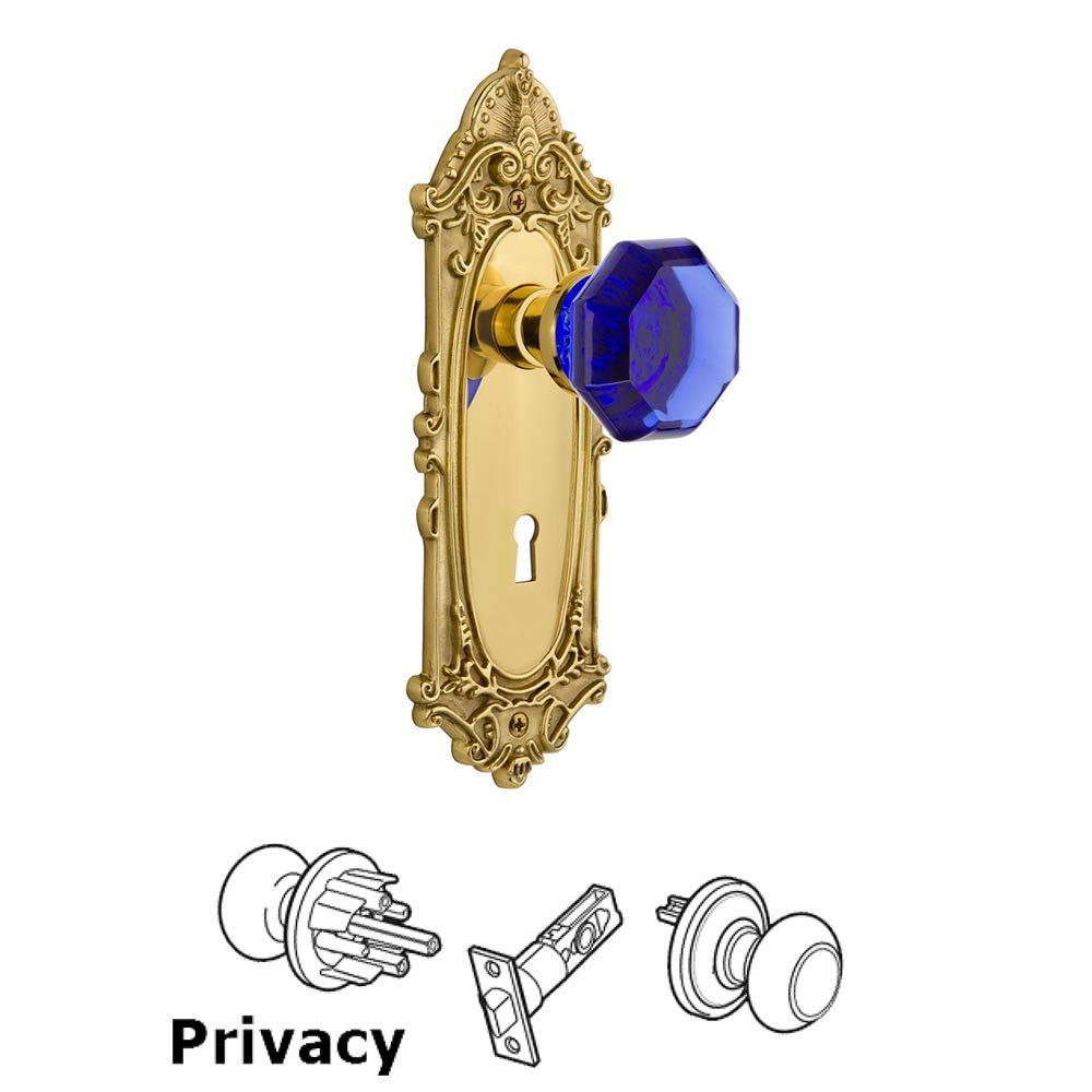 Nostalgic Warehouse - Privacy - Victorian Plate with Keyhole Waldorf Cobalt Door Knob in Unlaquered Brass