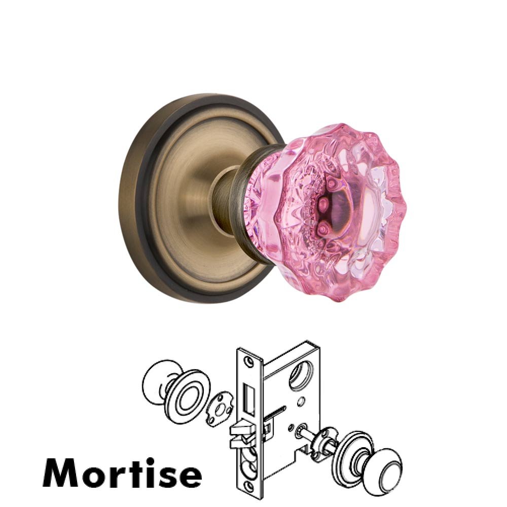 Nostalgic Warehouse - Mortise - Classic Rose Crystal Pink Glass Door Knob in Antique Brass