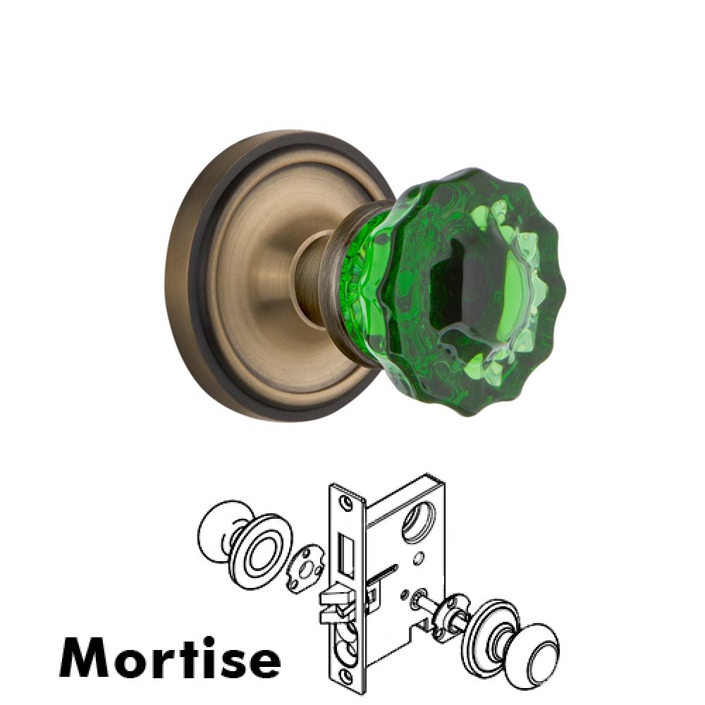 Nostalgic Warehouse - Mortise - Classic Rose Crystal Emerald Glass Door Knob in Antique Brass