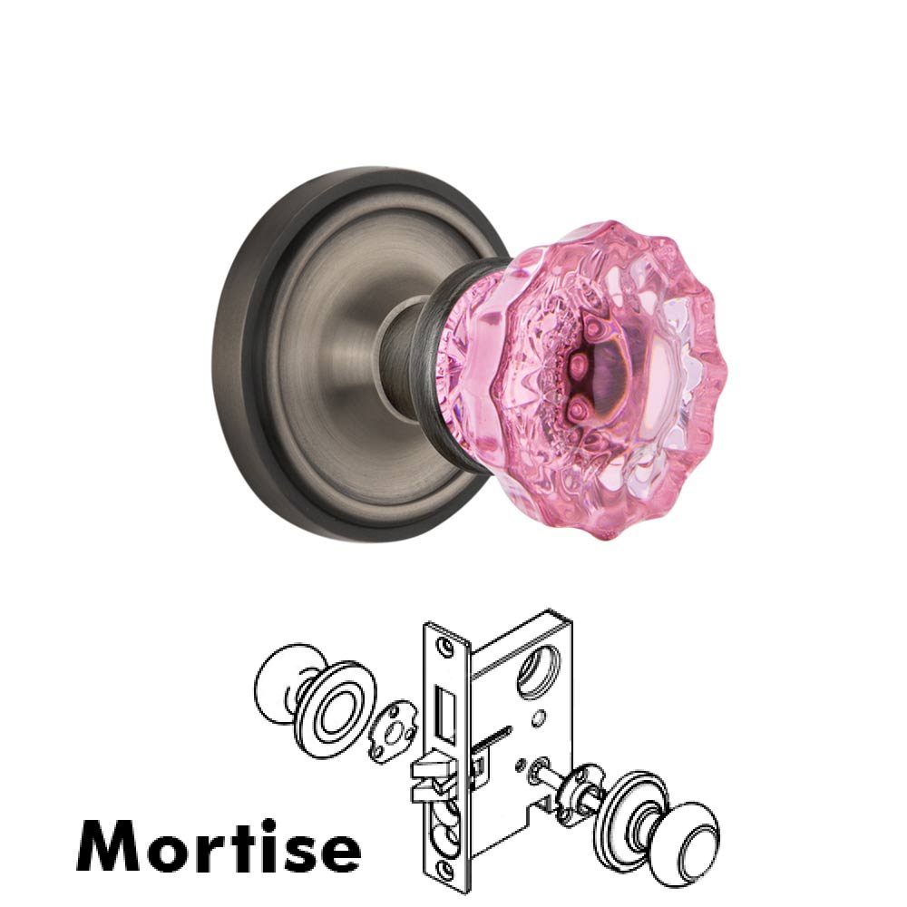 Nostalgic Warehouse - Mortise - Classic Rose Crystal Pink Glass Door Knob in Antique Pewter