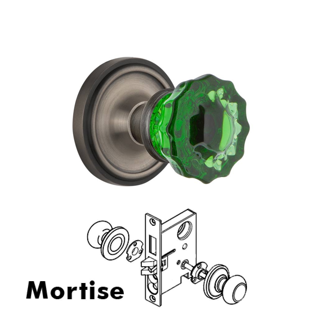 Nostalgic Warehouse - Mortise - Classic Rose Crystal Emerald Glass Door Knob in Antique Pewter