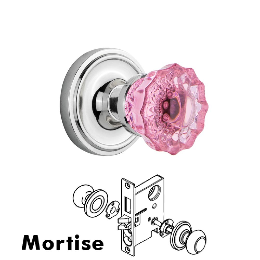 Nostalgic Warehouse - Mortise - Classic Rose Crystal Pink Glass Door Knob in Bright Chrome
