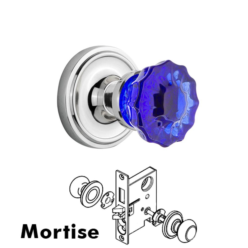 Nostalgic Warehouse - Mortise - Classic Rose Crystal Cobalt Glass Door Knob in Bright Chrome
