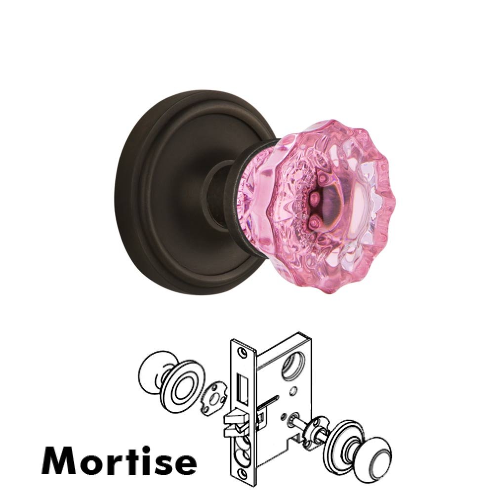 Nostalgic Warehouse - Mortise - Classic Rose Crystal Pink Glass Door Knob in Oil-Rubbed Bronze