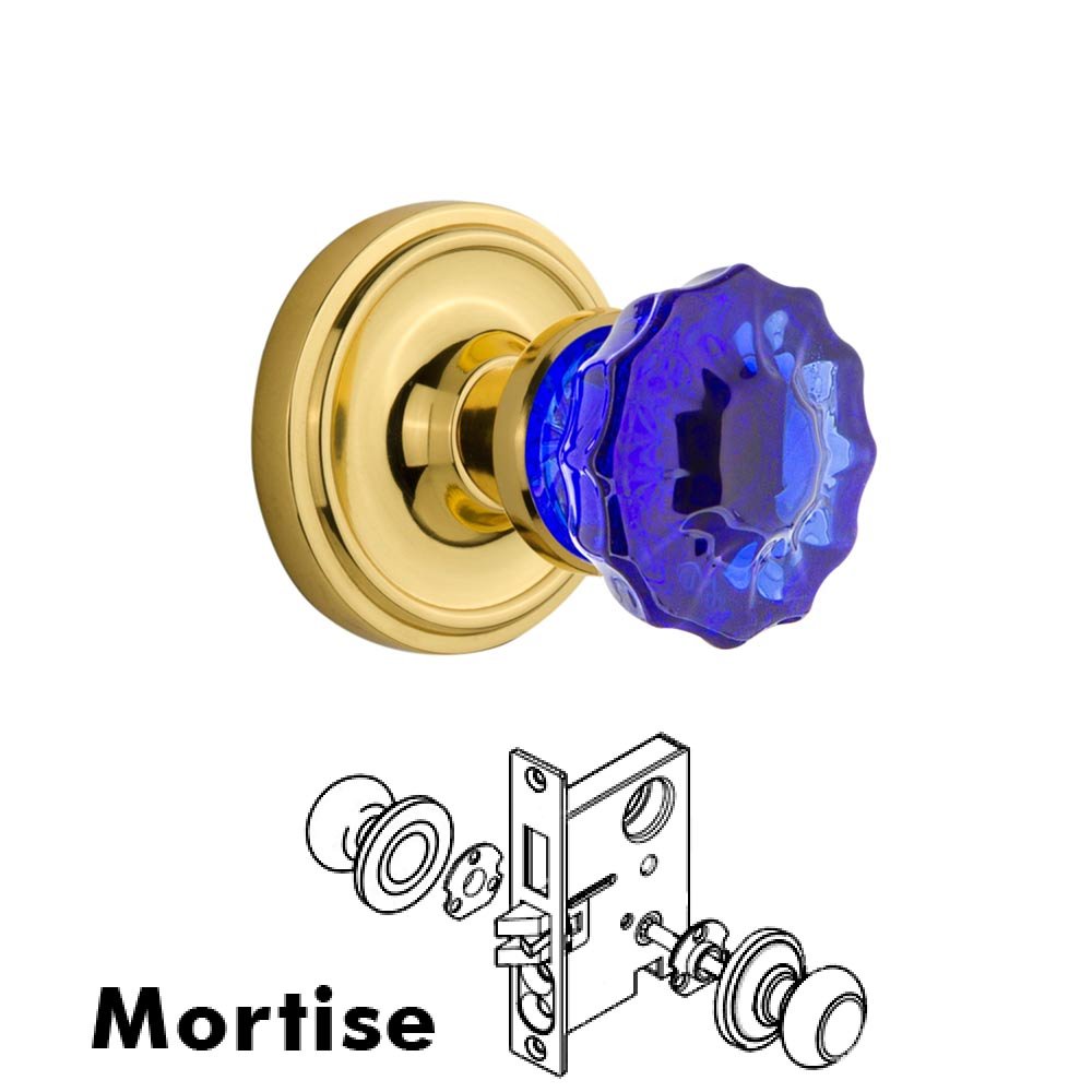 Nostalgic Warehouse - Mortise - Classic Rose Crystal Cobalt Glass Door Knob in Polished Brass
